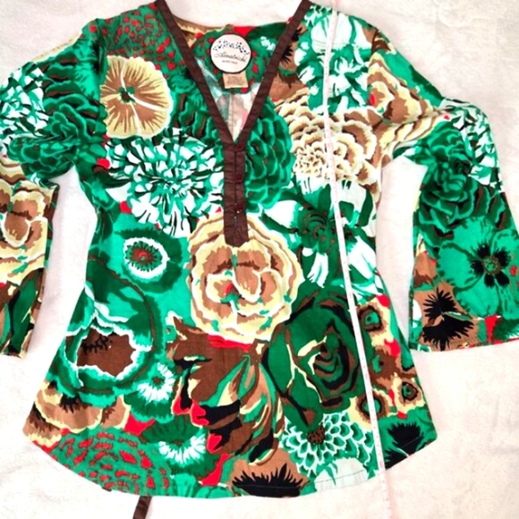 Y2K Almatrichi Madrid Floral Print Blouse Green Brown Cotton VNeck 3/4 Sleeve, S - Picture 10 of 11